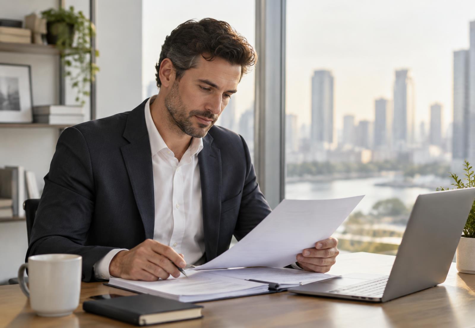Professional reviewing compliance records in a Chicago office