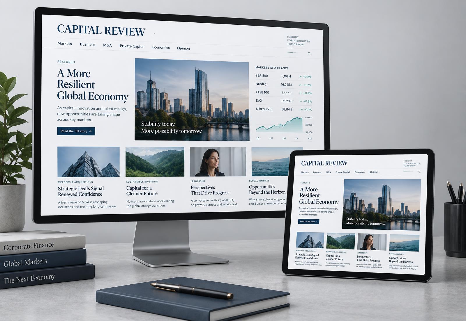 Financial publication displayed across desktop and tablet screens