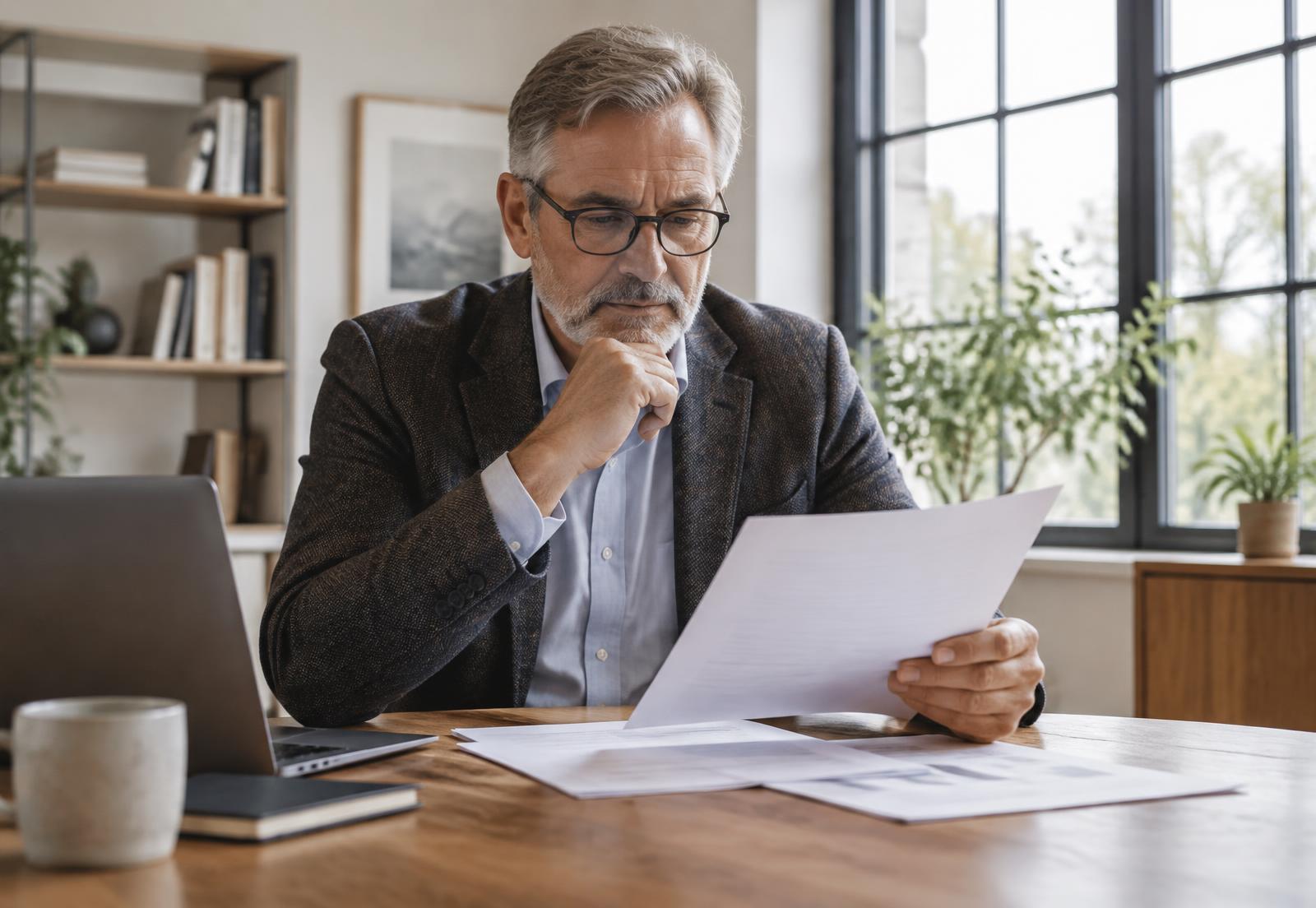 Business owner thoughtfully reviewing documents while considering a transition