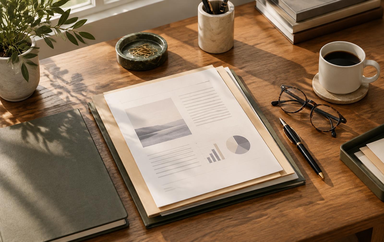 Organized folders, notebook, and planning materials on a desk