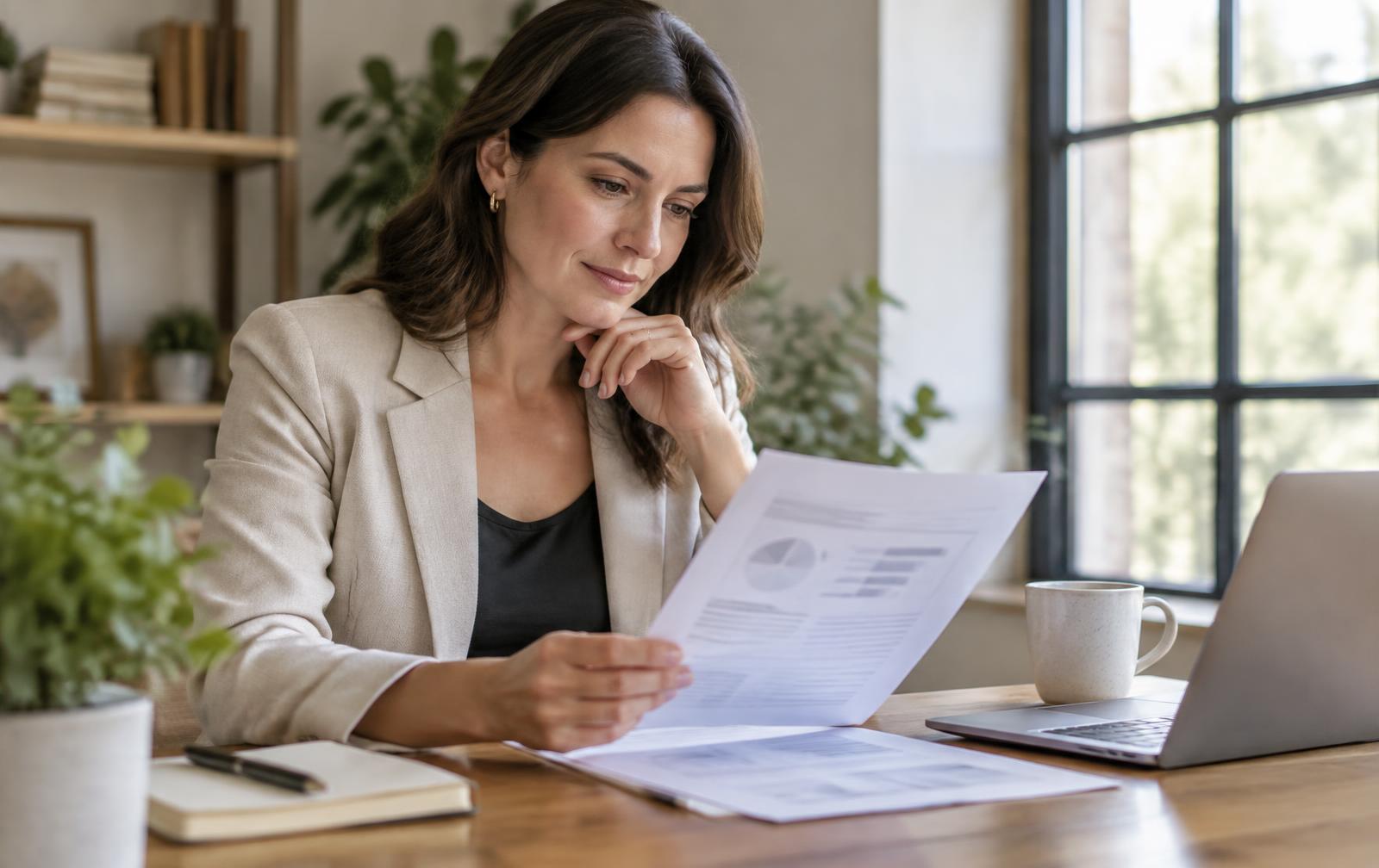 Business owner thoughtfully reviewing information at a desk